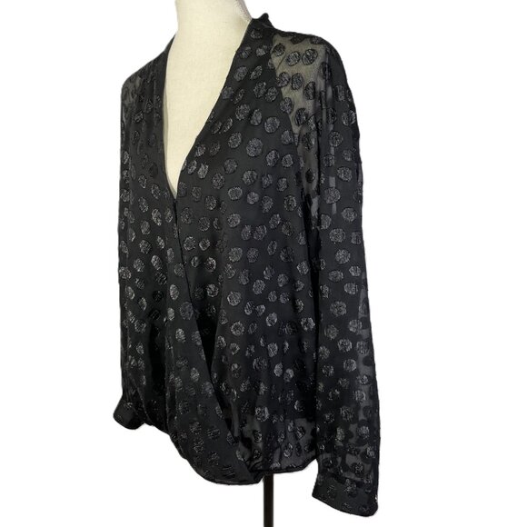 Jennifer Lopez Black Wrap Front Shimmer Sheer Polka Dot Blouse Size XL - Picture 2 of 15